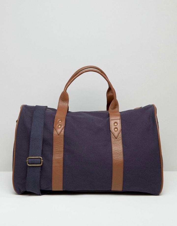 Asos Carryall In Navy Canvas With Brown Leather Trims - Navy