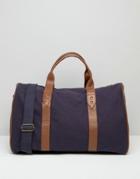 Asos Carryall In Navy Canvas With Brown Leather Trims - Navy