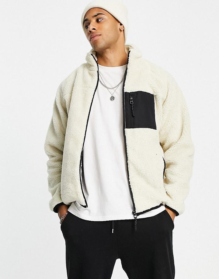 Brave Soul Full Zip Funnel Neck Fleece Jacket In Cream-white