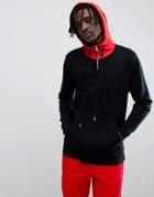 Asos Design Longline Hoodie In Black With Contrast Hood And Half Zip - Black