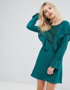 Rage Lace Insert Dress With Ruffle - Green
