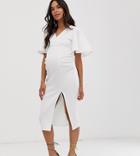 True Violet Maternity Scuba Pencil Dress With Angel Sleeve In Cream