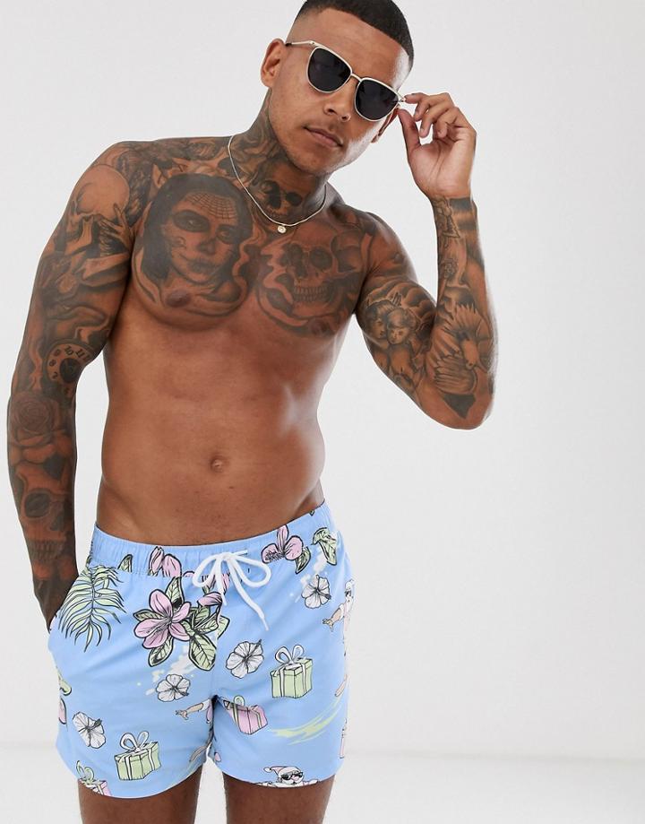 Asos Design Christmas Swim Shorts With Surfing Santa Print In Short Length-multi