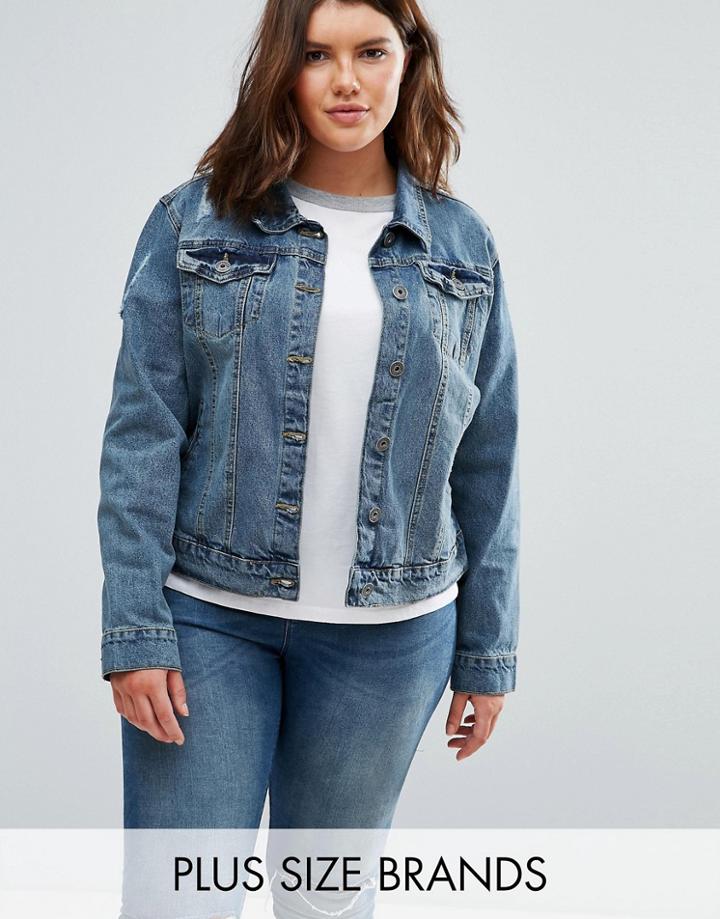 Brave Soul Plus Denim Jacket With Distressed Details - Blue