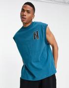 Asos Design Oversized Tank In Blue With Collegiate Chest Print-black