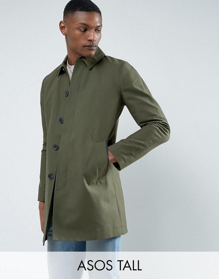 Asos Tall Shower Resistant Single Breasted Trench Coat In Khaki - Green