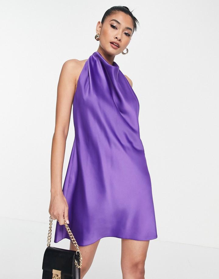 Asos Design Satin Drape Neck Backless Mini Dress In Lilac-purple