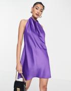 Asos Design Satin Drape Neck Backless Mini Dress In Lilac-purple