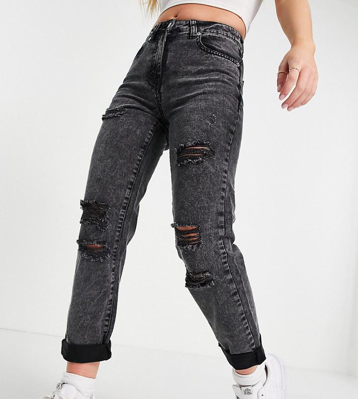 Parisian Petite Distressed Mom Jeans In Washed Black