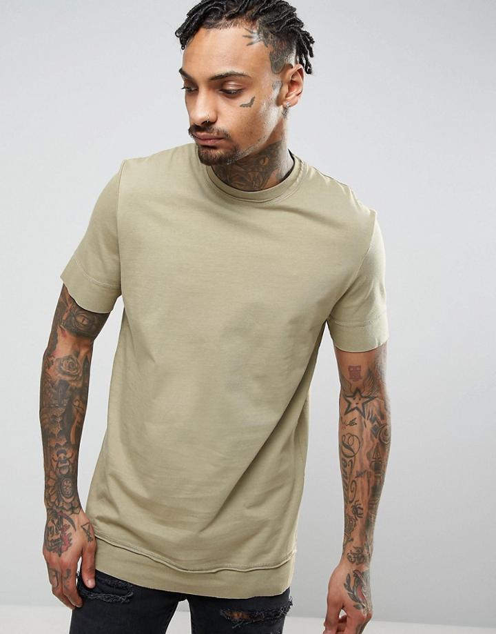 Asos Longline T-shirt With Layered Hem And Raw Edges - Beige