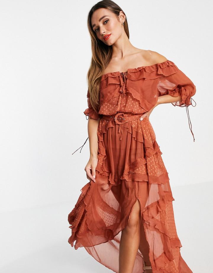 Asos Design Off Shoulder Textured Chiffon Mix Maxi Dress With Belt-multi