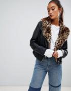 Parisian Faux Leather Jacket With Leopard Collar - Black