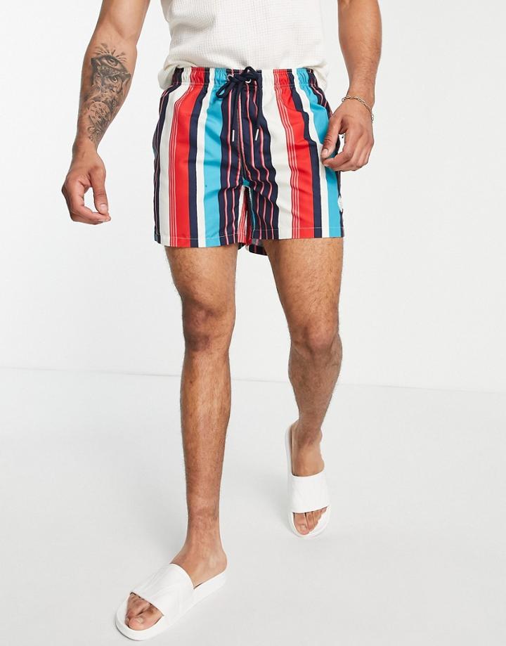 Gant Badge Logo Stripe Print Swim Shorts In Blue