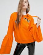 Asos Hoodie With Frill Sleeve And Spliced Print - Orange