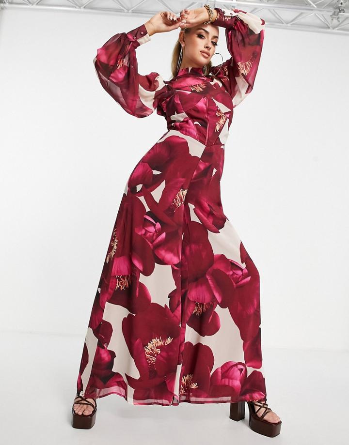 Asos Luxe Chiffon Jumpsuit With Blouson Sleeve & Wide Leg In Rose Print-multi