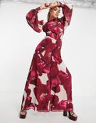 Asos Luxe Chiffon Jumpsuit With Blouson Sleeve & Wide Leg In Rose Print-multi
