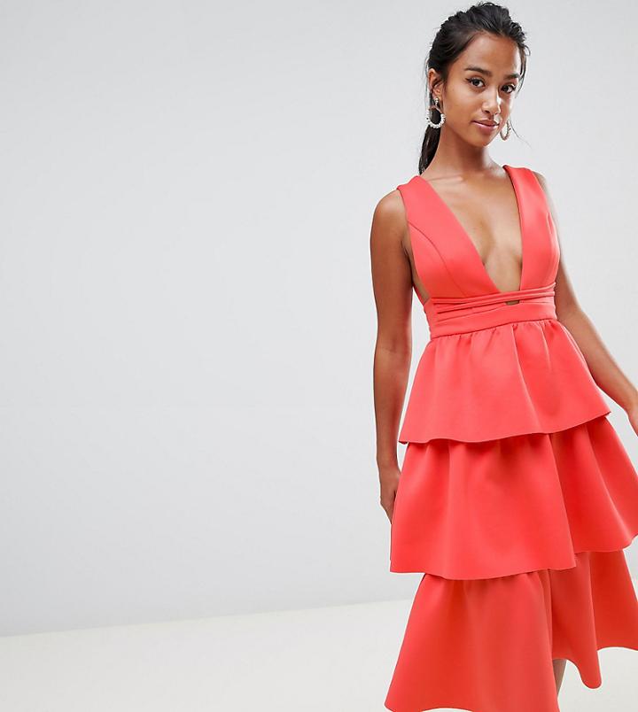 Asos Design Petite Tiered Prom Midi Dress-pink