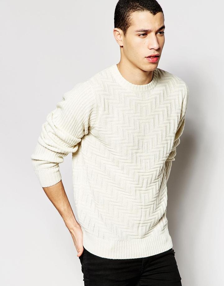 Bellfield Textured Knit Crew Neck Sweater - White