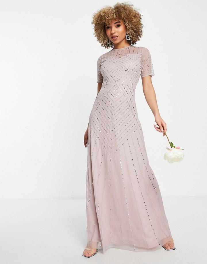 Frock And Frill Bridesmaid Short Sleeve Maxi Dress With Embellishment In Dusty Mauve-purple