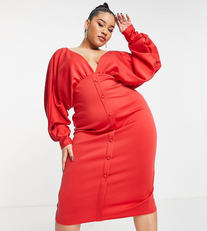 Asos Design Curve Button Down Midi Dress In Hot Red