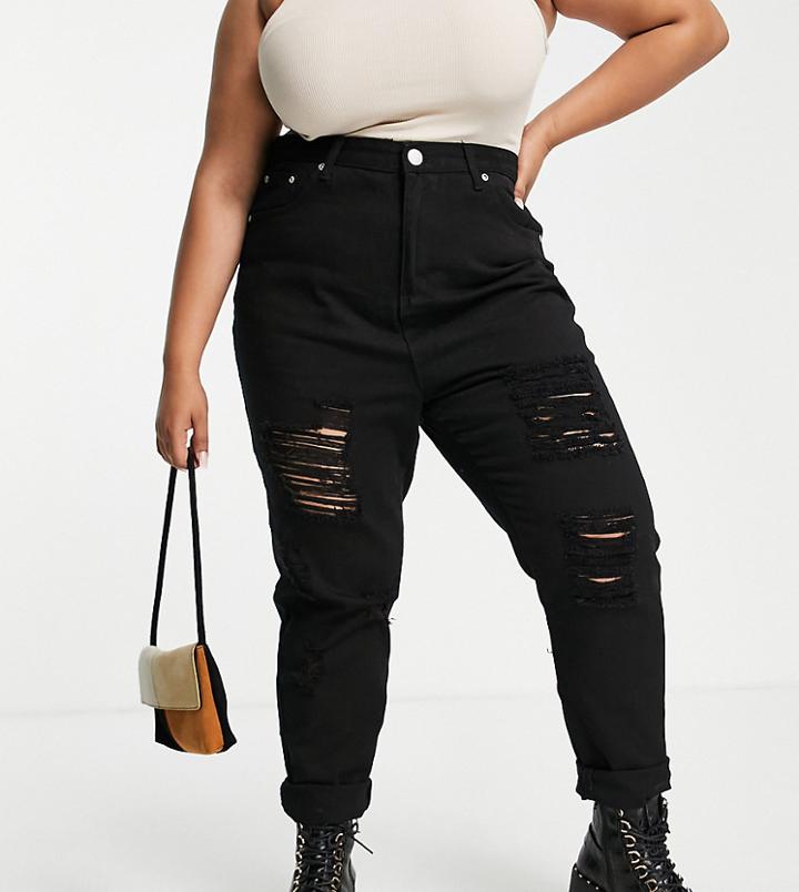 Yours Plus Super Ripped Mom Jeans In Black