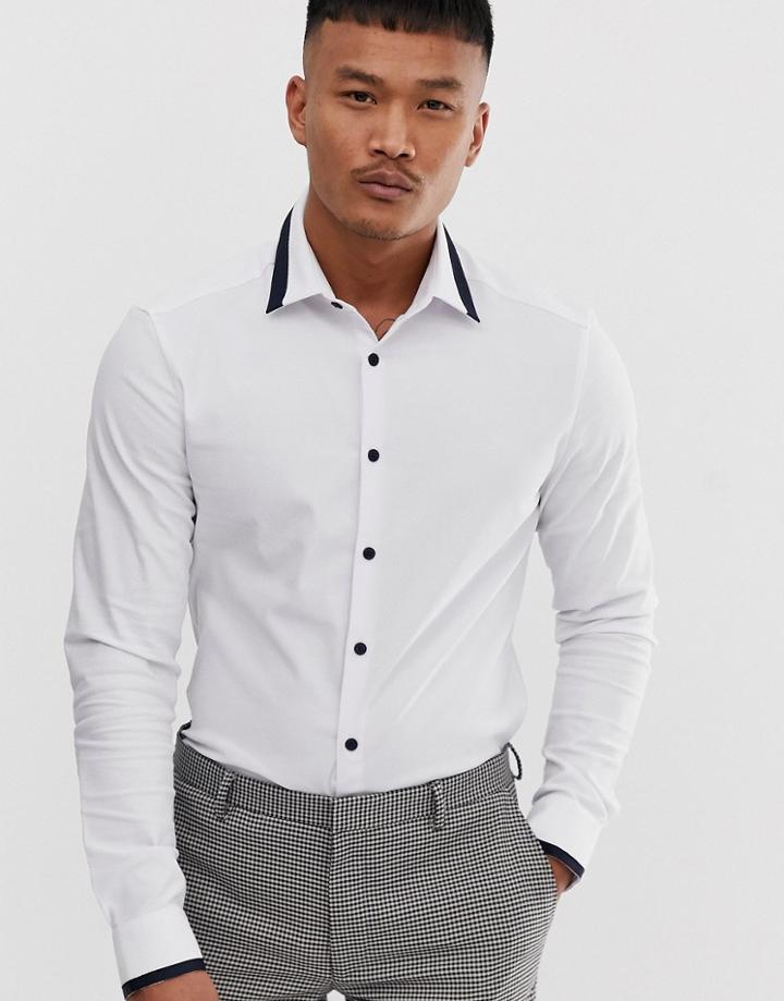 Asos Design Skinny Fit Textured Work Shirt With Collar Detail & Contrast Buttons - White