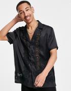 Asos Design Relaxed Fit Satin Shirt With Revere Collar And Lace Cut Out Border In Black