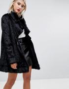 Lost Ink Wrap Coat In Luxe Velvet With Faux Fur Trim - Black