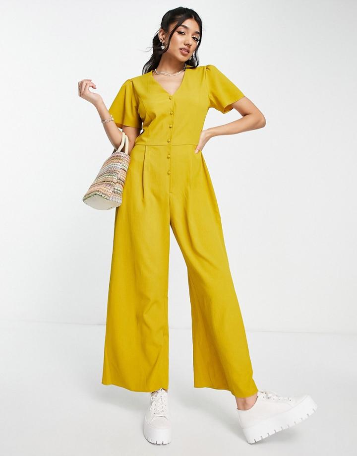 Asos Design Short Sleeve Tea Culotte Jumpsuit In Mustard-green