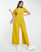 Asos Design Short Sleeve Tea Culotte Jumpsuit In Mustard-green