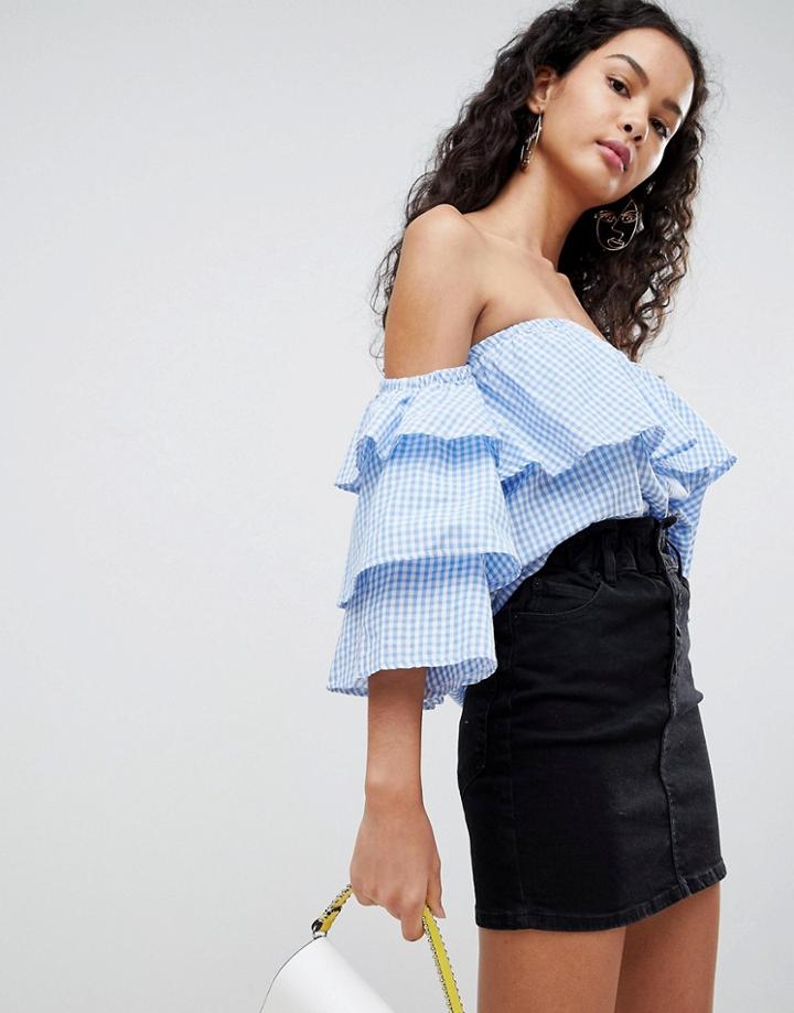 Qed London Off Shoulder Ruffle Top - Blue
