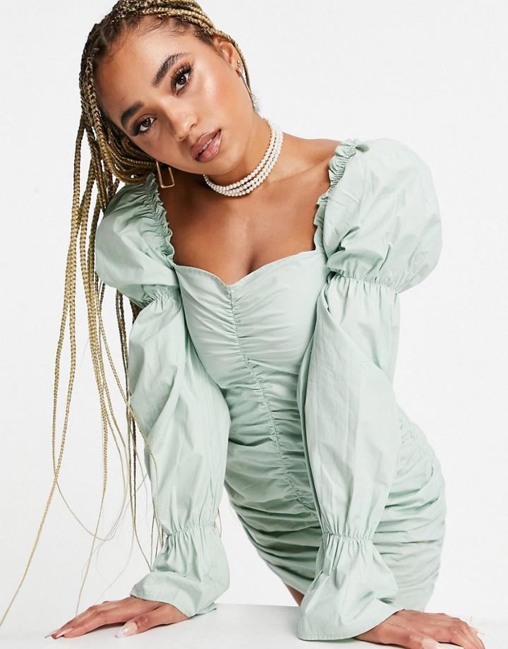 Na-kd X Sanne De Kramer Square Neck Dramatic Sleeve Mini Dress In Dusty Green