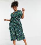 Hope & Ivy Plus Contrast Lace Midi Tea Dress In Blue And Green Floral-multi