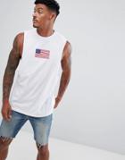 Asos Design Sleeveless T-shirt With Dropped Armhole With Usa Flag Print - White