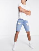 Asos Design Slim Denim Shorts In Mid Wash Blue Tint With Rips
