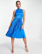 Closet London High Neck Pleated Midi Dress In Cobalt-blue