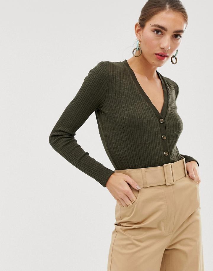 Stradivarius Button Front Ribbed Top In Green - Blue