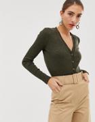 Stradivarius Button Front Ribbed Top In Green - Blue