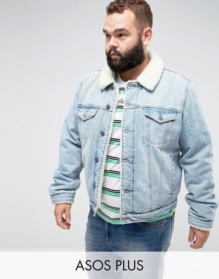 Asos Plus Fully Fleece Lined Denim Jacket In Mid Wash - Blue