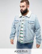 Asos Plus Fully Fleece Lined Denim Jacket In Mid Wash - Blue
