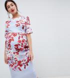 True Violet Maternity Floral Print Midi Dress With Bow Back-multi