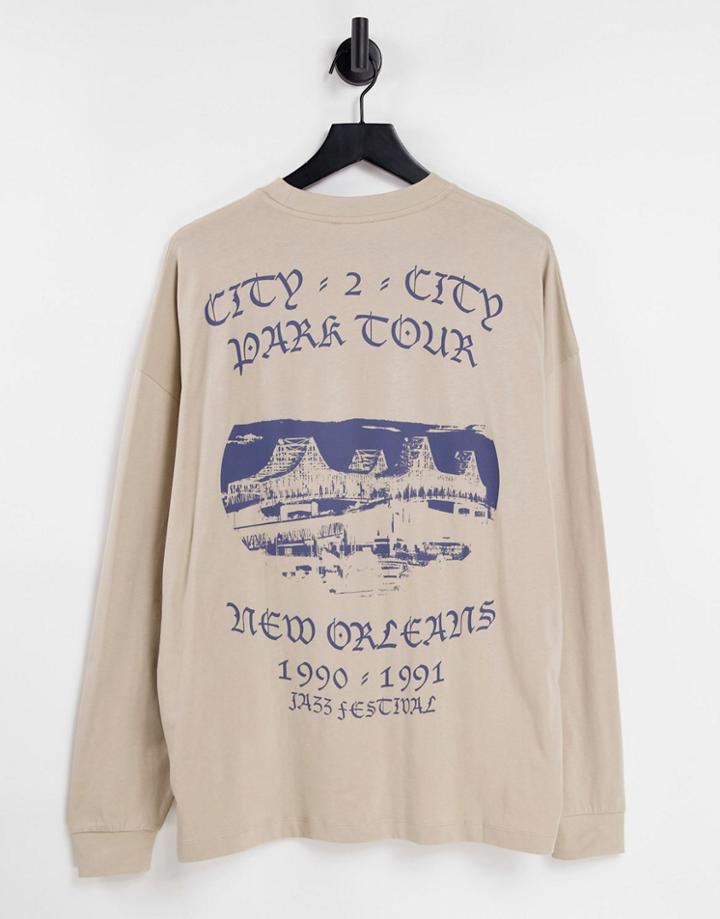 Asos Design Oversized Long Sleeve T-shirt In Beige With New Orleans Back Print-neutral
