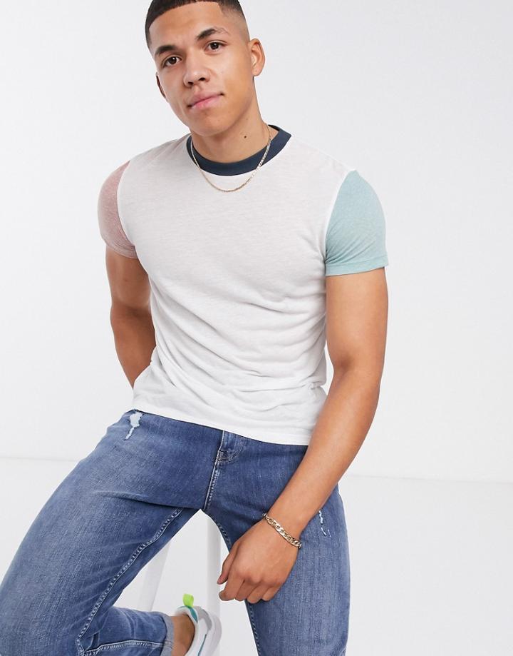 Asos Design T-shirt In Linen Mix With Contrast Sleeves In White