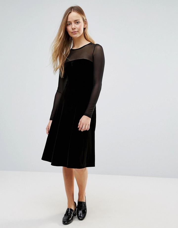 Ganni Campbell Velour Sheer Insert A- Line Midi Dress - Black