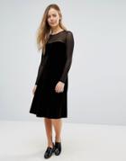 Ganni Campbell Velour Sheer Insert A- Line Midi Dress - Black