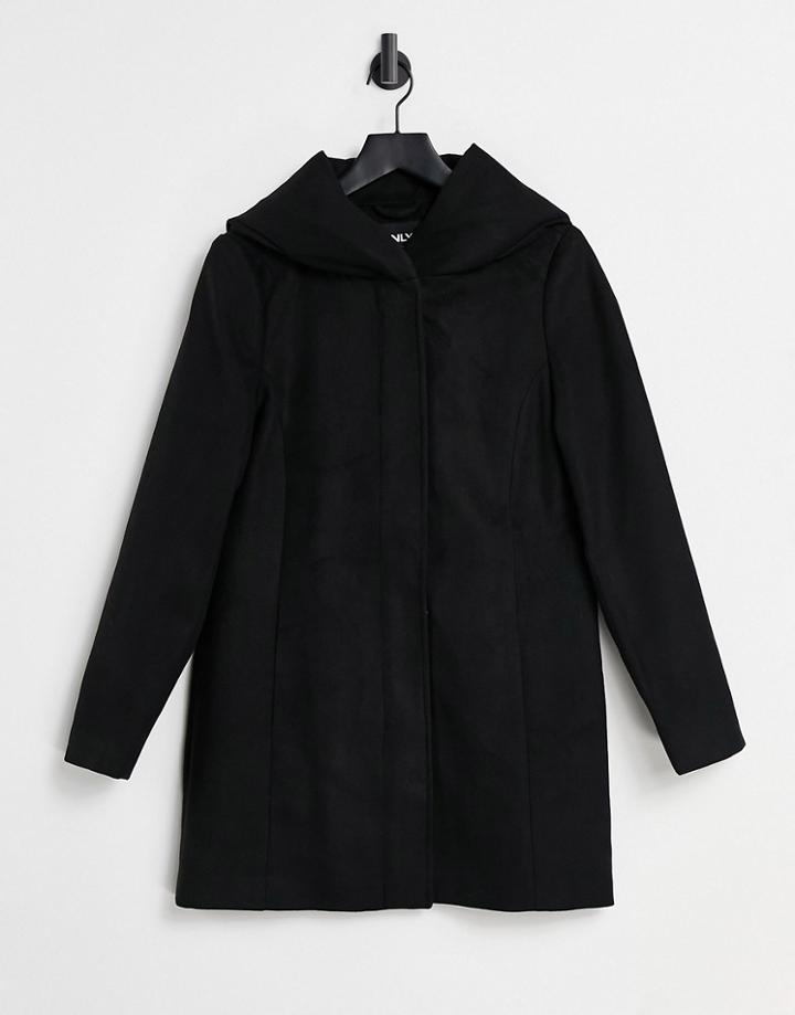 Only Long-line Hooded Zip Up Coat In Black