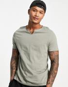 Asos Design Organic T-shirt With Notch Neck In Washed Khaki-green
