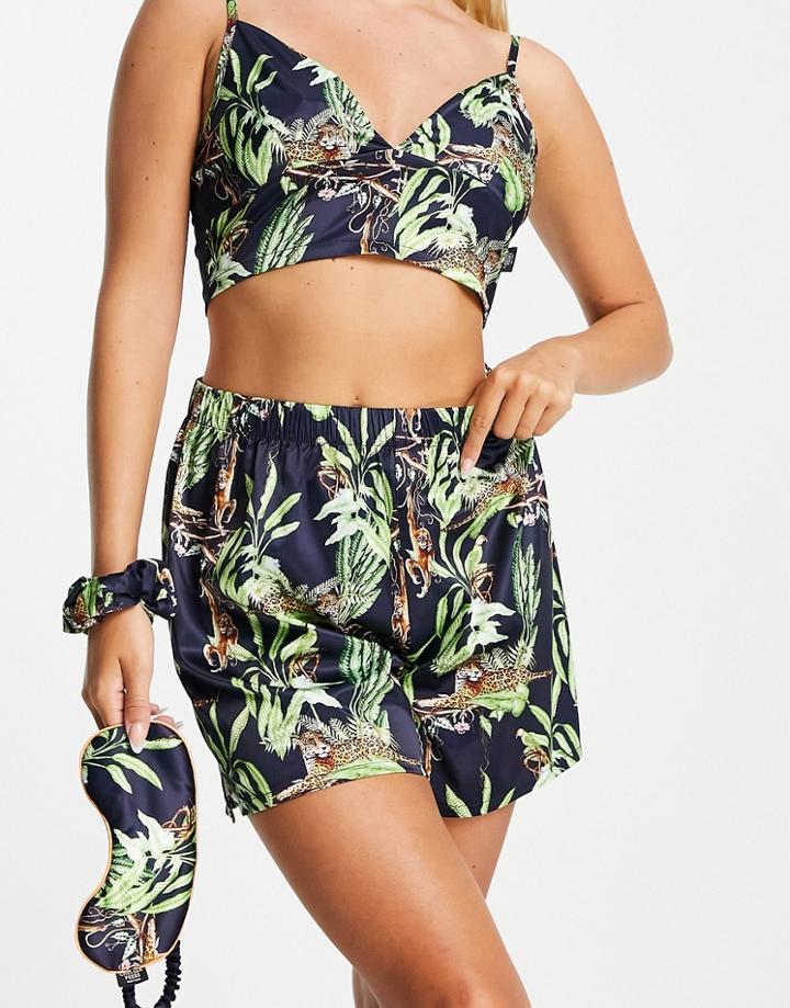 Chelsea Peers Premium Satin Cami And Short Set With Eyemask And Scrunchie In Navy Jungle Print-black