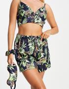 Chelsea Peers Premium Satin Cami And Short Set With Eyemask And Scrunchie In Navy Jungle Print-black