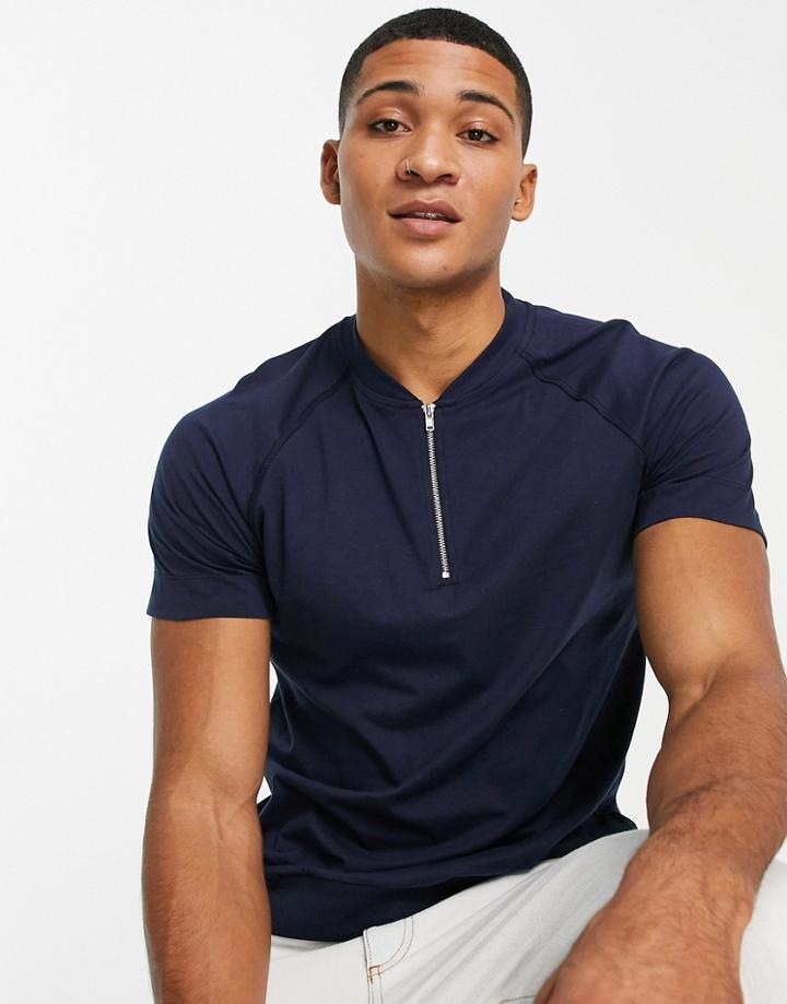 Asos Design T-shirt With Grandad Zip Neck And Raglan In Navy